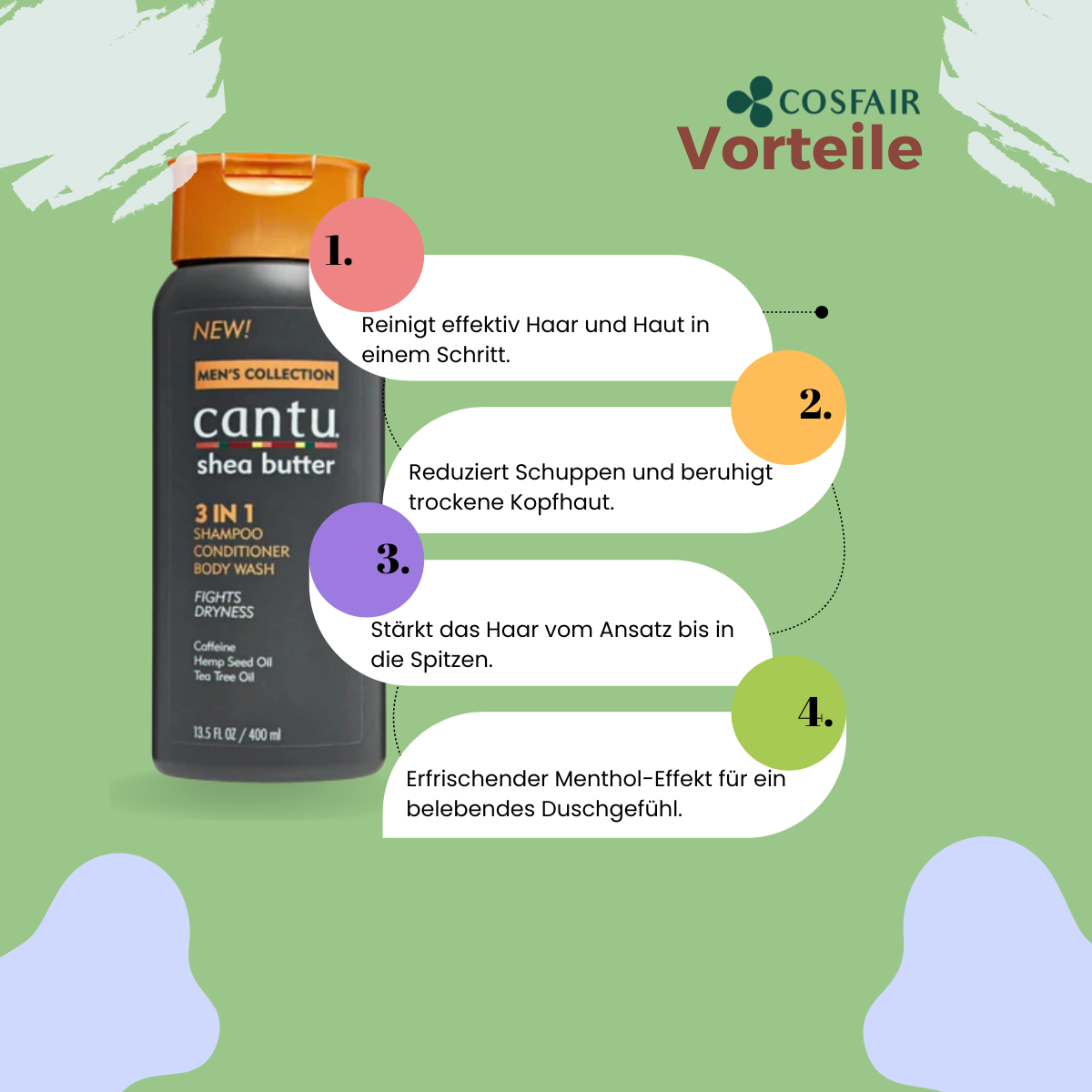 Cantu Shea Butter Men's Collection 3-In-1 Shampoo Conditioner Body Wash - Vorteile