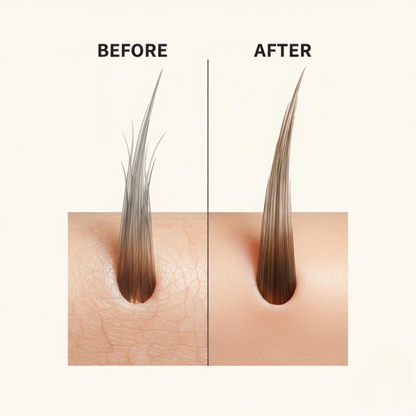 Vorher-Nachher Vergleich – trockenes Haar und trockene Haut vor und gepflegte, geschmeidige Ergebnisse nach Anwendung von DAX Coconut Oil