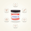 3D Infografik zeigt Vorteile von DAX Coconut Oil – tiefe Feuchtigkeit, weiches Haar, gepflegte Haut und natürlicher Glanz