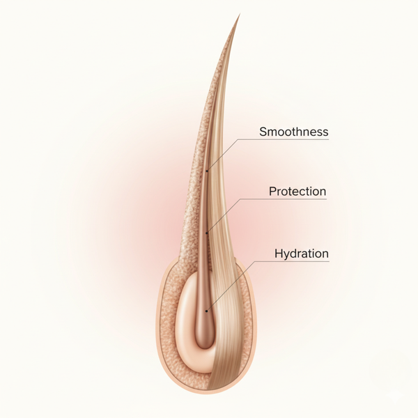 3D-Darstellung einer Haarfaser zeigt Glättung, Feuchtigkeit und Schutz durch Dark & Lovely Beautiful Beginnings Scalp Care Relaxer