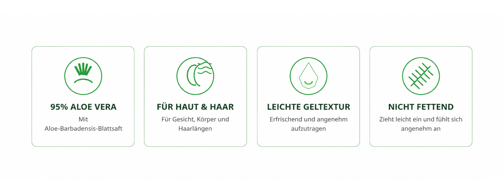 Loriini Aloe Vera Gel Produktvorteile mit 95 % Aloe Vera, Anwendung für Haut und Haar, leichter Geltextur und nicht fettendem Hautgefühl auf weißem Hintergrund.
