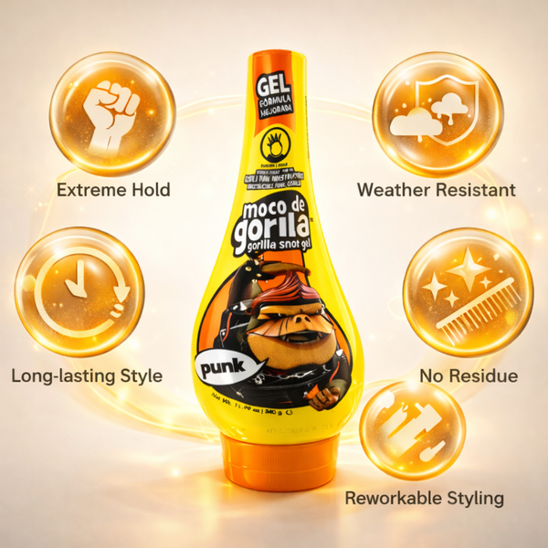 Produktvorteile von Moco de Gorila Gorilla Snot Gel PUNK 340g mit extremem Halt, wetterfestem Styling und flexibler Anwendung