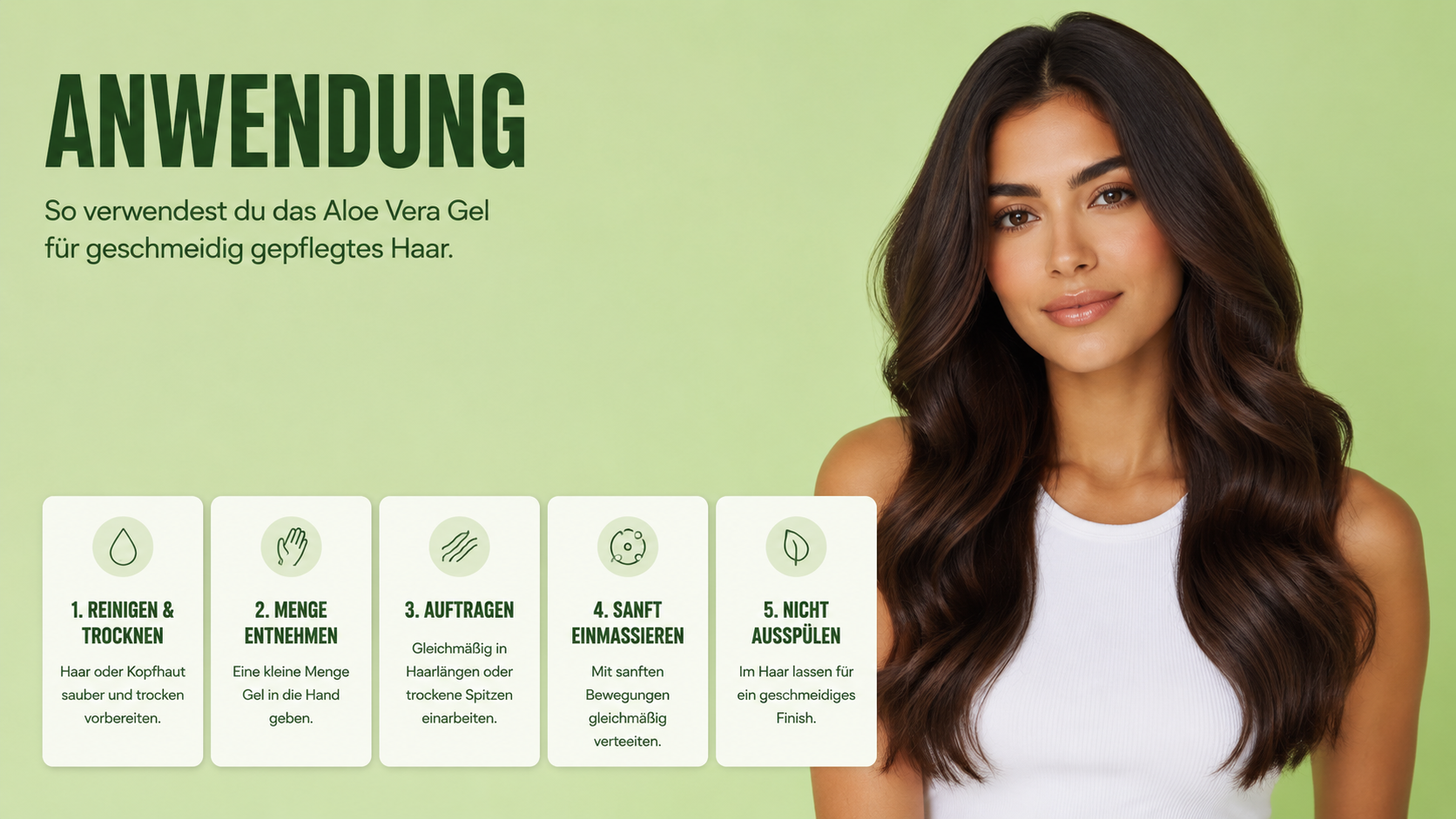 Anleitung zur Haaranwendung von Loriini Aloe Vera Gel mit fünf Schritten: reinigen und trocknen, Gel entnehmen, auftragen, sanft einmassieren und im Haar lassen.