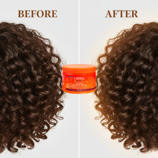 Vorher-Nachher-Vergleich von Locken mit sichtbar mehr Definition, Feuchtigkeit und gesundem Glanz