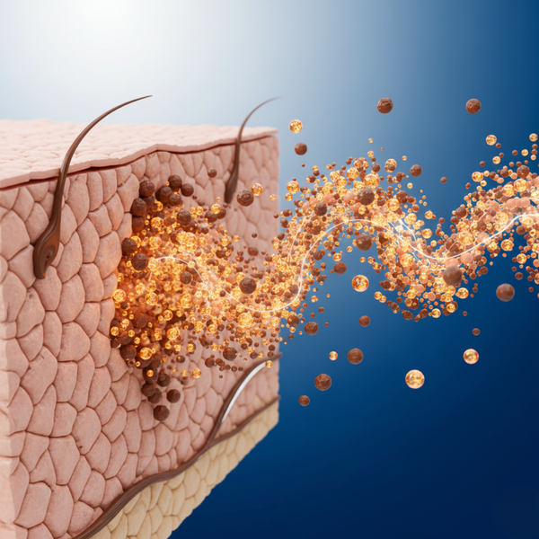 Wissenschaftliche 3D-Grafik zeigt das Eindringen von Kakaobutter und Vitamin E in die Hautbarriere zur Reparatur und Feuchtigkeitsbindung.