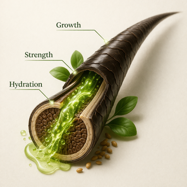 3D Darstellung der Haarstruktur mit Wirkung von Bockshornklee Öl für Wachstum, Stärke und Feuchtigkeit