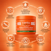 3D Produktgrafik der Cantu Shea Butter Leave-In Conditioning Cream mit Eigenschaften wie Sheabutter, Glanz und Lockendefinition.