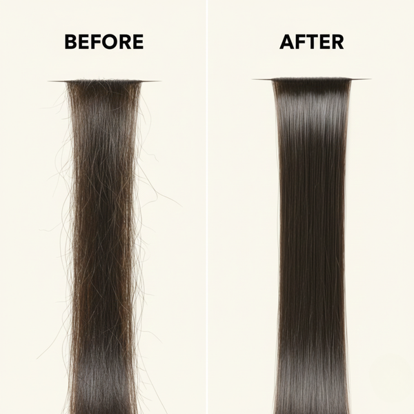 Vorher-Nachher Vergleich der Haarstruktur – frizziges Haar vor und definierte, glänzende Styles nach Anwendung von DAX Black Bees-Wax