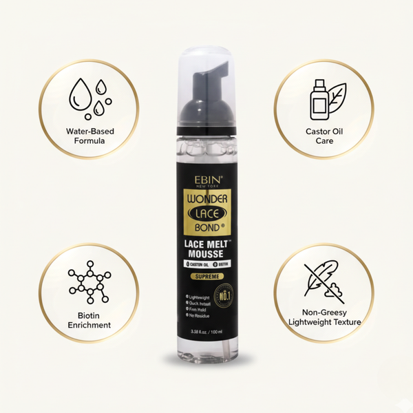 Vorteile des Ebin Wonder Lace Bond Lace Melt Mousse Supreme wie nahtloser Melt, leichter Halt, Pflege mit Biotin und Rizinusöl