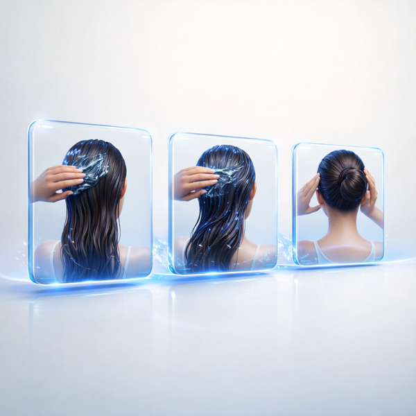 3D Infografik zur Anwendung des Eco Styler Super Protein Styling Gels, gleichmäßiges Auftragen, Verteilen und Stylen für maximalen Halt