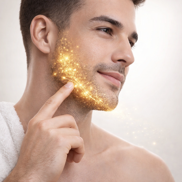 Mann mit strahlend glatter Haut im Gesicht nach Anwendung der Razorless Cream, gepflegtes Hautbild ohne Rasurbrand oder Irritationen