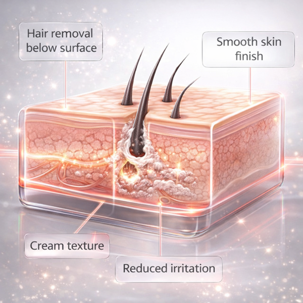 3D Hautschnitt zeigt wie Magic Razorless Cream Haare unter der Hautoberfläche entfernt und Rasierpickel verhindert