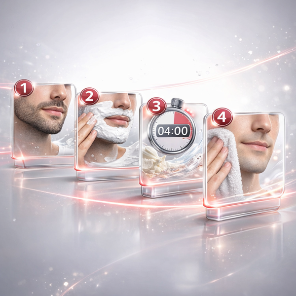 3D Infografik zur Anwendung der Magic Razorless Cream ohne Rasur, zeigt Schritte für sichere und effektive Haarentfernung im Gesicht