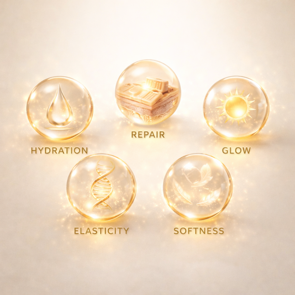 3D Benefits Infografik mit Vorteilen der Shea Butter: Hydration, Elastizität, Repair, Glow und Softness für Haut und Haar.