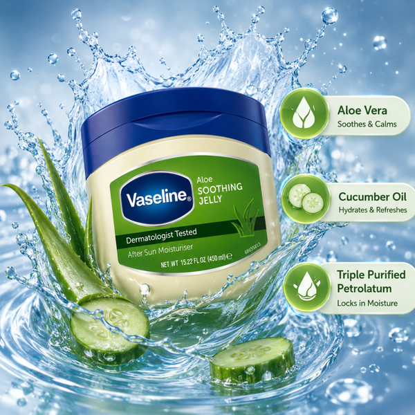 Vaseline Aloe Soothing Jelly 450 ml mit Aloe Vera und Wasser-Splash-Effekt für intensive Hautpflege und Feuchtigkeit.