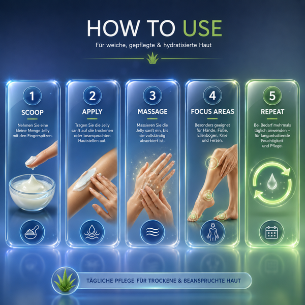 3D-Anwendungsinfografik zur richtigen Anwendung von Vaseline Aloe Soothing Jelly für trockene und empfindliche Haut.