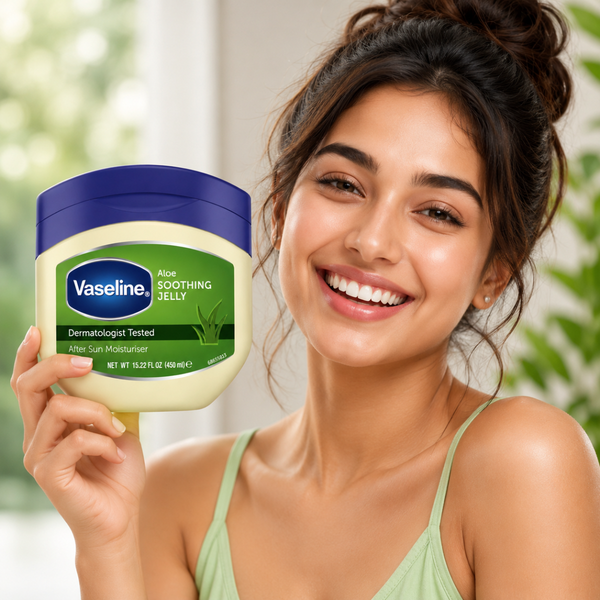Junge Frau hält Vaseline Aloe Soothing Jelly 450 ml für intensive Feuchtigkeitspflege und beruhigte Haut mit Aloe Vera.
