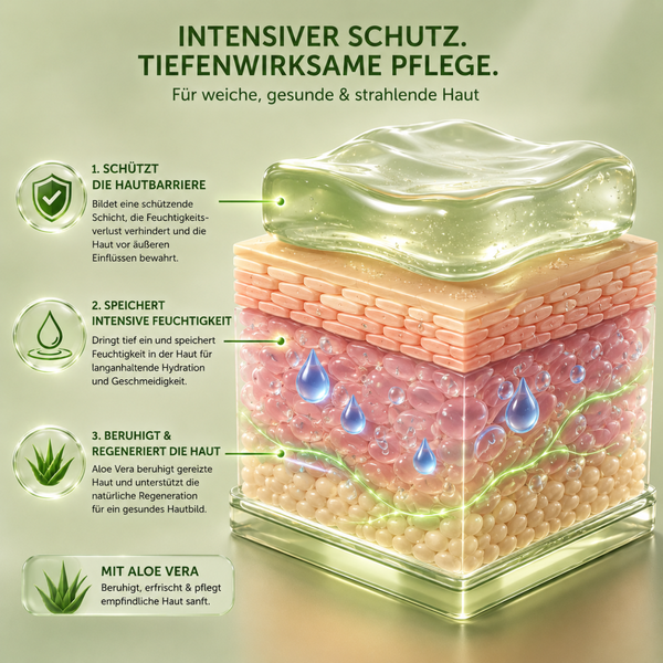 3D-Hautillustration zeigt Feuchtigkeitsspeicherung, Hautschutzbarriere und beruhigende Wirkung von Vaseline Aloe Soothing Jelly.