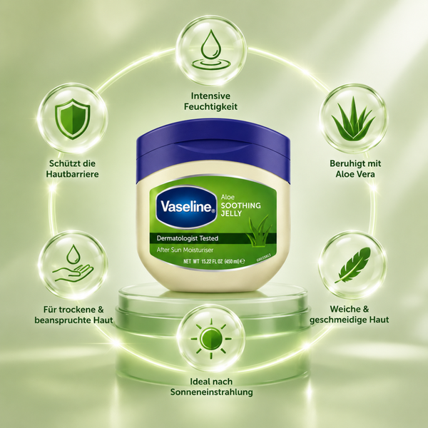 3D-Infografik zeigt die Vorteile von Vaseline Aloe Soothing Jelly wie Feuchtigkeit, Hautschutz und beruhigende Pflege.