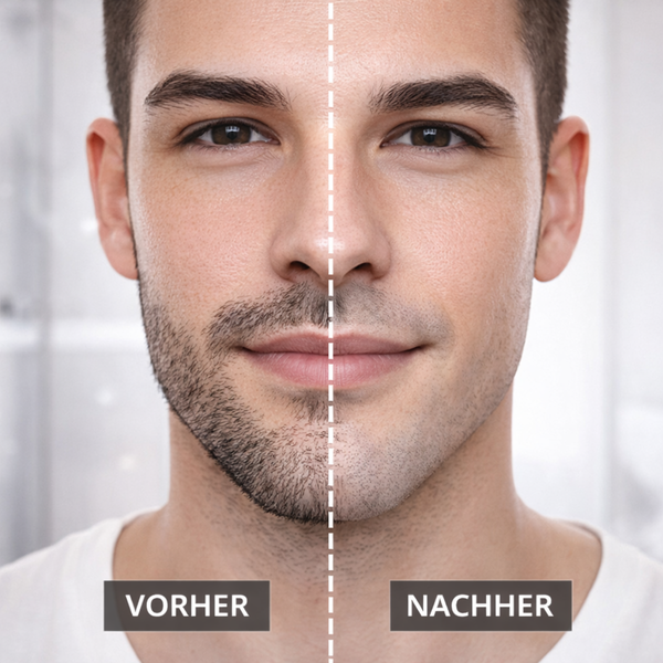 Vorher Nachher Vergleich eines Männergesichts mit Bart und nach Anwendung der Razorless Cream, sichtbar glatte Haut ohne Irritationen