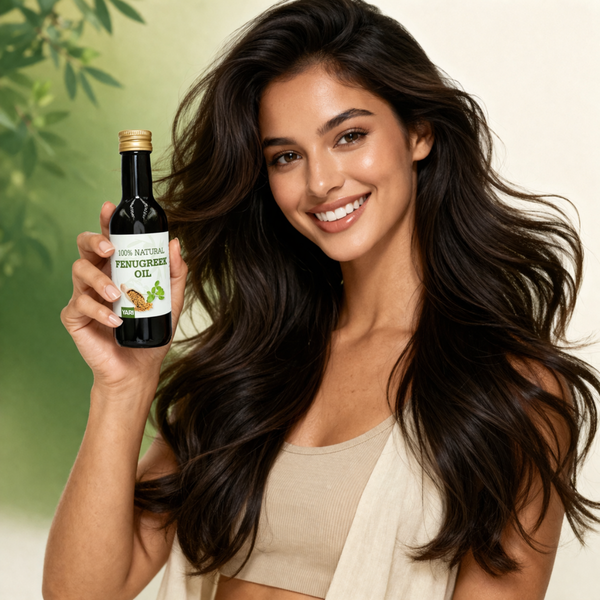 Junge Frau hält Yari Fenugreek Oil und zeigt natürliche Haarpflege für kräftiges, gesundes und glänzendes Haar