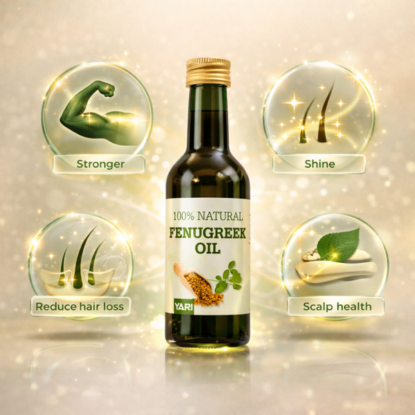 Übersicht der Vorteile von Yari Fenugreek Oil wie stärkeres Haar, weniger Haarausfall, mehr Glanz und gesunde Kopfhaut