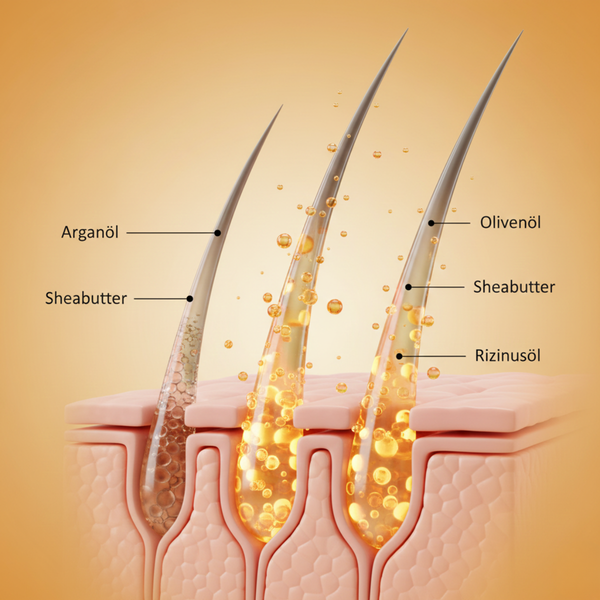 3D-Visualisierung der Haarfaser, in die Arganöl, Olivenöl und Sheabutter aus dem Cantu TXTR Cleansing Oil Shampoo eindringen und das Haar stärken.