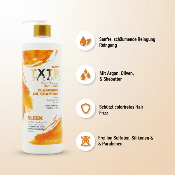 Feature-Karte zu den Eigenschaften des Cantu TXTR Cleansing Oil Shampoo für coloriertes, trockenes und lockiges Haar.