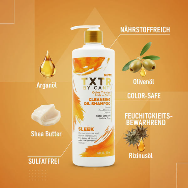 3D-Infografik zu den wichtigsten Inhaltsstoffen des Cantu TXTR Cleansing Oil Shampoo: Arganöl, Olivenöl, Sheabutter und Rizinusöl.