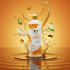 Cantu TXTR Cleansing Oil Shampoo mit Wasser- und Ölspritzer-Effekt und sichtbaren Inhaltsstoffen wie Arganöl, Olivenöl und Sheabutter.