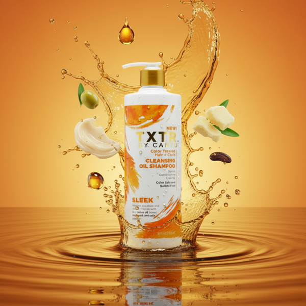 Cantu TXTR Cleansing Oil Shampoo mit Wasser- und Ölspritzer-Effekt und sichtbaren Inhaltsstoffen wie Arganöl, Olivenöl und Sheabutter.