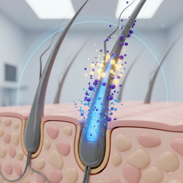 3D-Darstellung der Haarfaser, in die Wirkstoffe wie Heidelbeerextrakt, Aloe Vera und Panthenol aus der Blueberry Bliss Hair Mask eindringen und das Haar reparieren.