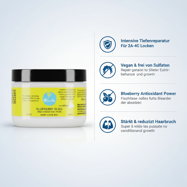 Feature-Karte mit den wichtigsten Merkmalen der Curls Blueberry Bliss Reparative Hair Mask für Locken von 2A bis 4C.