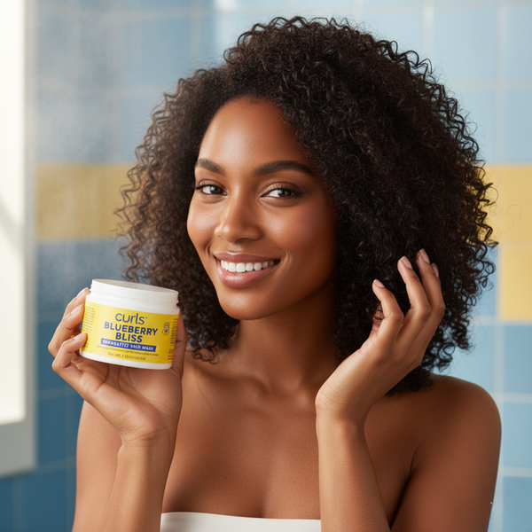 Schwarze Frau mit Locken hält oder verwendet die Curls Blueberry Bliss Reparative Hair Mask und zeigt die Anwendung für reparierte, hydratisierte Locken.