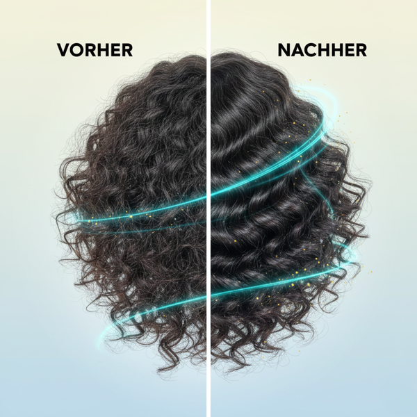Vorher-Nachher-Vergleich: geschädigte, trockene Haarfasern vor der Anwendung und glatte, reparierte, hydratisierte Locken nach Verwendung der Blueberry Bliss Hair Mask.