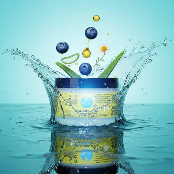 Curls Blueberry Bliss Reparative Hair Mask mit Wasserspritzer-Effekt und sichtbaren Inhaltsstoffen wie Heidelbeeren, Aloe Vera und Kamille.