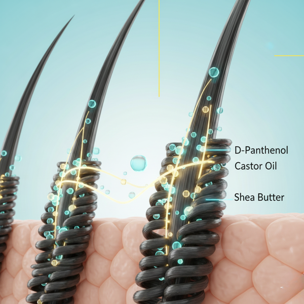 3D-Darstellung von Haarfasern, in die die Wirkstoffe des SKALA Mais Cachos Conditioners eindringen und Feuchtigkeit spenden.