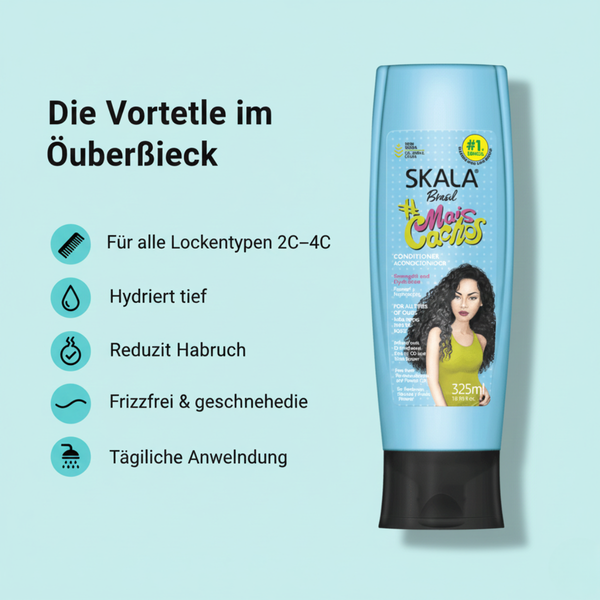 Amazon A+ Produktkarte mit den wichtigsten Merkmalen des SKALA Mais Cachos Conditioners für alle Lockentypen 2C–4C.