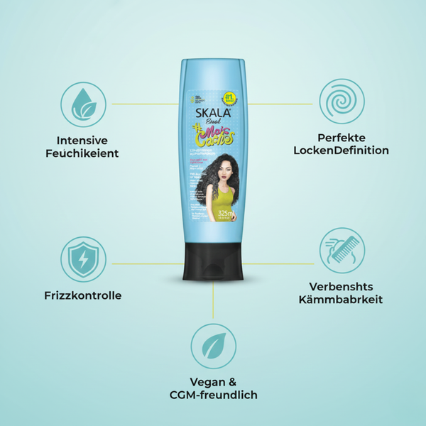 Infografik zu den Hauptvorteilen des SKALA Mais Cachos Conditioners: Feuchtigkeit, Definition, Frizzkontrolle und bessere Kämmbarkeit.