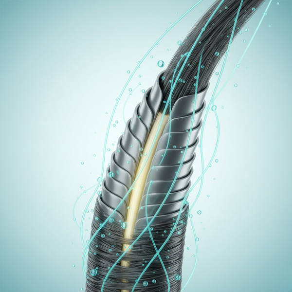 3D-Schnittillustration einer Haarfaser, die nach Anwendung des SKALA Mais Cachos Conditioners glatter und hydratisierter aussieht.